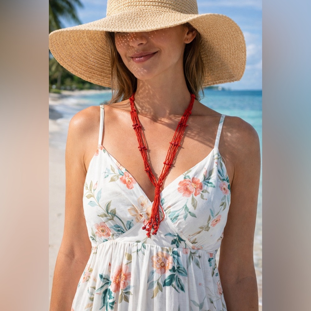 Casual BOHO Hippie style long Glass Beaded Gemstone Accent Tassel Necklace 28 in
